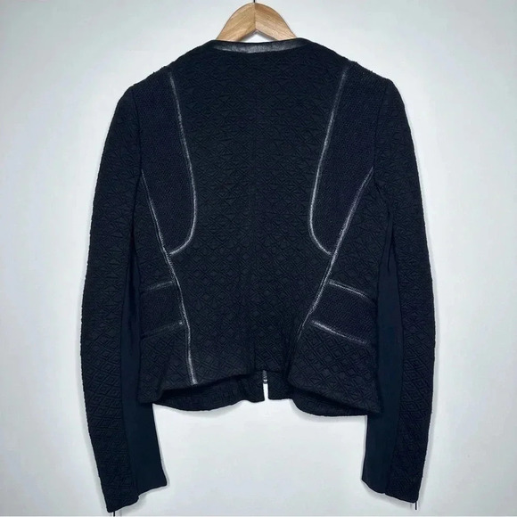 Rebecca Taylor Black Quilted Faux Leather Trim Zip Up Moto Jacket Size 8 - Picture 7 of 10